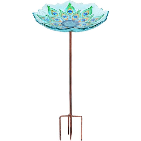25 in. H x 11 in. Dia Multicolor Glass Birdbath with Metal Stake