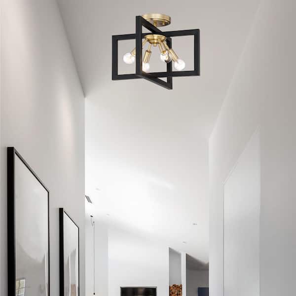 Xander 14.75 in. 4-Light Aged Warm Brass Minimalist Entryway Semi-Flush Mount with No Bulbs Included
