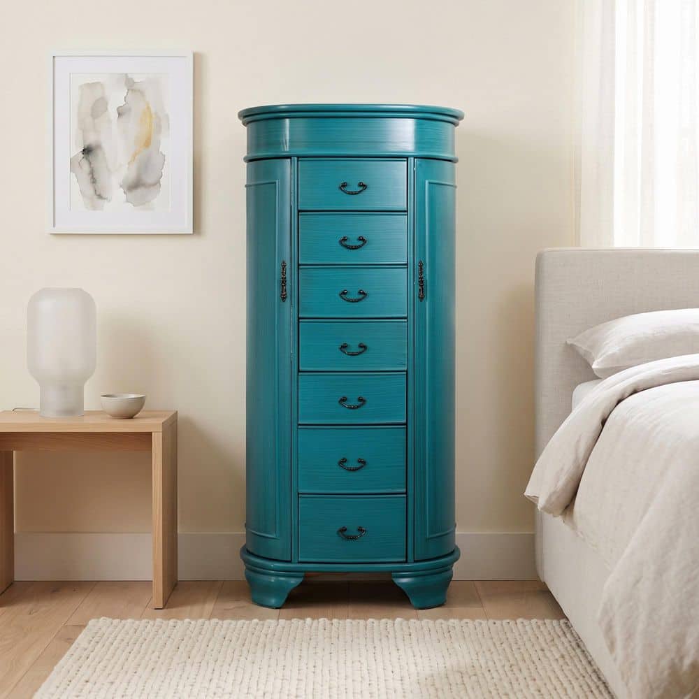 Daley Turquoise Jewelry Armoire 38 in. H x 16 in. W x 12.5 in. D with 7 Drawers
