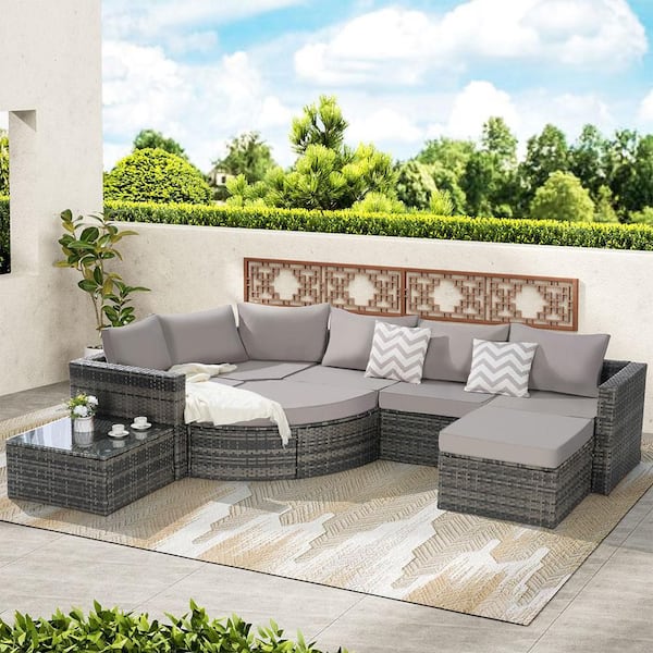 Sudzendf 8-Piece Wicker Outdoor Conversation Patio Furniture Set with Light Gray Cushions