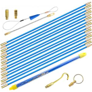 50ft. Electrical Fiberglass Cable Wire Running Coaxial Rod, Connectable Fish Tape Pull Kit with Hook And Hole Kit, Blue