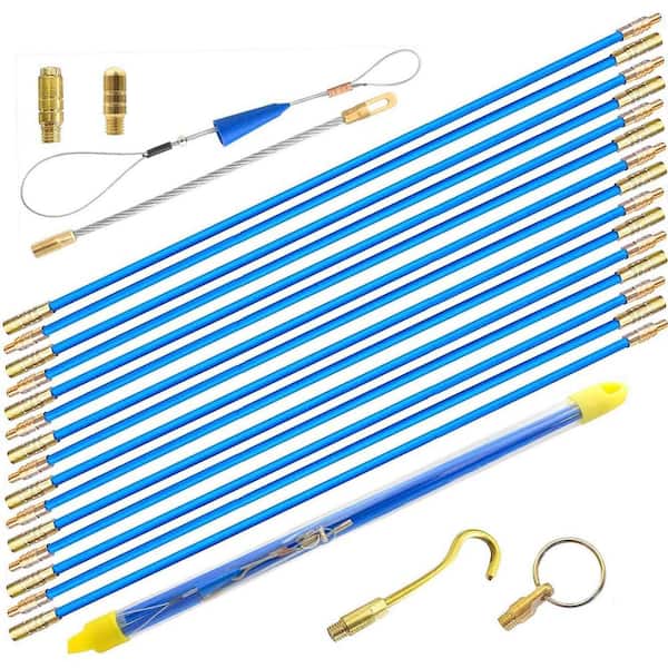 Lukyamzn 50ft. Electrical Fiberglass Cable Wire Running Coaxial Rod, Connectable Fish Tape Pull Kit with Hook And Hole Kit, Blue
