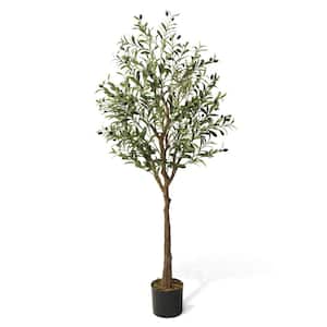 5 ft. Green Artificial Olive Tree, Faux Plant in Pot, Faux Olive Branch and Fruit with Dried Moss for Indoor Home Office