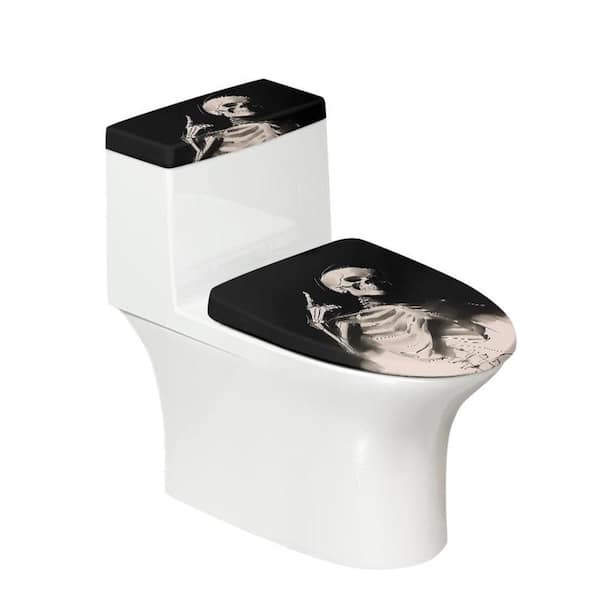 2-Piece Black White Skull Toilet Lid Tank Cover Set Polyester Elastic Universal Gothic Skeleton Decor