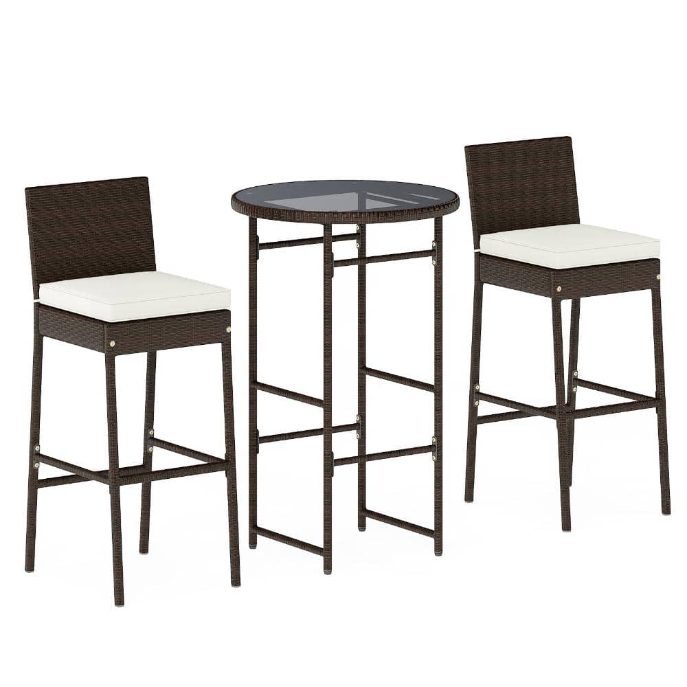 3-Piece PE Rattan Outdoor Bar Set with Glass Table and Cushioned Chairs, White price history on PriceWatchPro