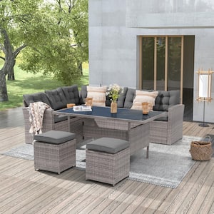 5-Piece Patio Wicker Dining Sofa Set With 3-Seater Sofa, Gray Cushions