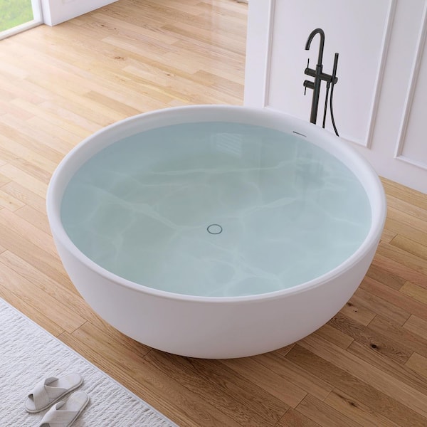 59 in. x 59 in. Round Stone Resin Solid Surface Flatbottom Freestanding Soaking Bathtub in Matte White