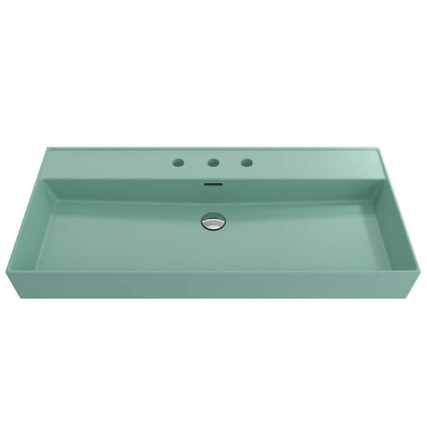 BOCCHI Milano 39.75 in. 3-Hole Matte Mint Green Fireclay Rectangular Wall-Mounted Bathroom Sink with Overflow