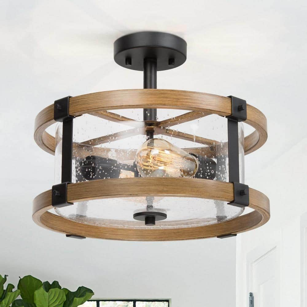 LNC Drum Semi Flush Mount 2-Light Black Modern Bedroom Ceiling