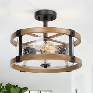 Drum Semi Flush Mount 2-Light Black Modern Bedroom Ceiling Lighting with Round Seedy Glass and Wood Grain Finish
