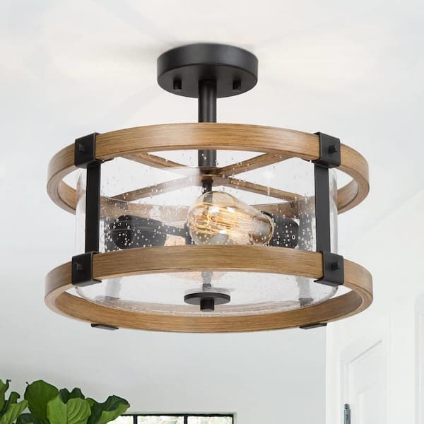 LNC Drum Semi Flush Mount 2-Light Black Modern Bedroom Ceiling Lighting with Round Seedy Glass and Wood Grain Finish