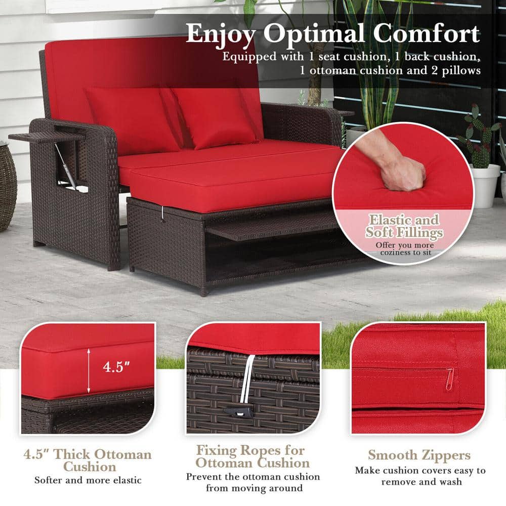 Red Adjustable Rattan Loveseat with Multifunctional Ottoman