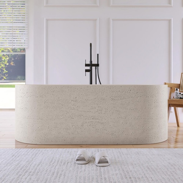63 in. x 29 in. Engineered Stone FlatBottom Freestanding Soaking Bathtub with Travertine Texture in Beige