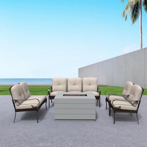 Azaryah Gray 5-Piece Concrete Patio Fire Pit Conversation Sofa Set with Beige Cushions