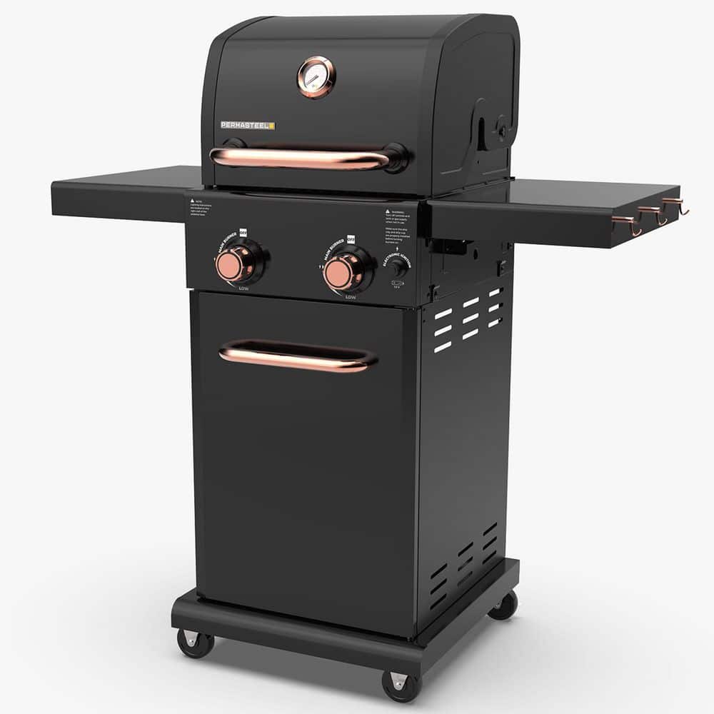 2-Burner Compact Gas Grill with Foldable Side Tables in Black with Copper Accent