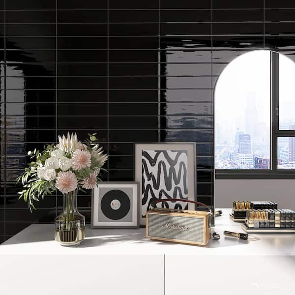 Zarati Black 2.95 in. x 11.81 in. Polished Ceramic Wall Tile (6.03 sq. ft./Case)