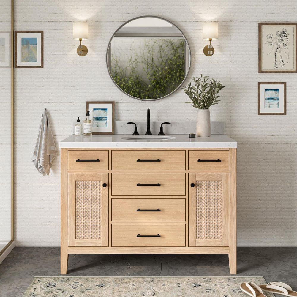 Camila 48 in. Single Sink Freestanding Bathroom Vanity in White Oak with Carrara White Quartz Top price history on PriceWatchPro