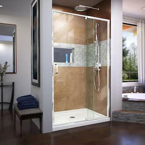 Flex 32 in. D x 42 in. W x 74.75 in. H Framed Pivot Shower Door in Chrome with Center Drain White Acrylic Base Kit