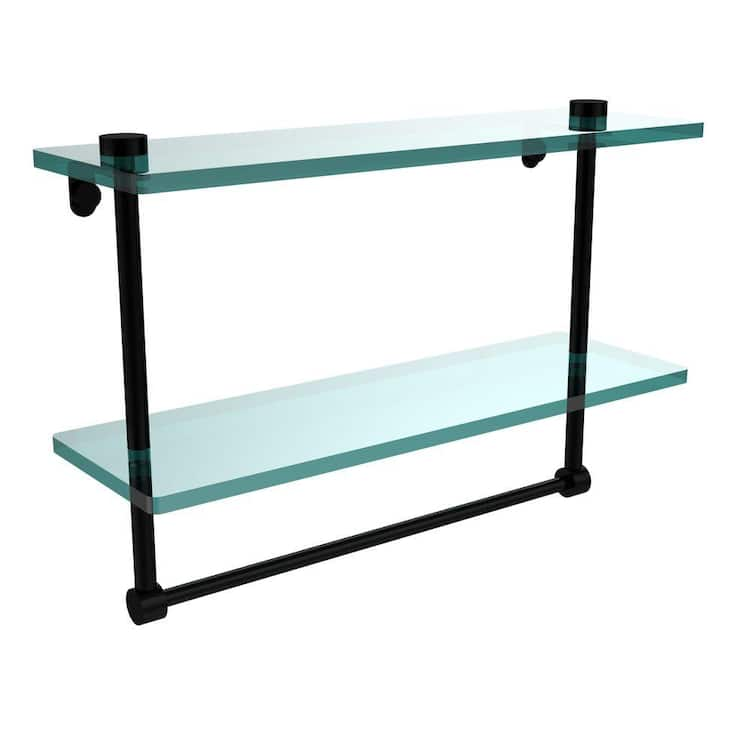 Allied Brass 16 in. L x 12 in. H x 5 in. W 2-Tier Clear Glass Vanity Bathroom Shelf with Towel Bar in Matte Black