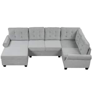 120.00 in. Round Arm Linen U-Shaped Sectional Sofa in. Gray