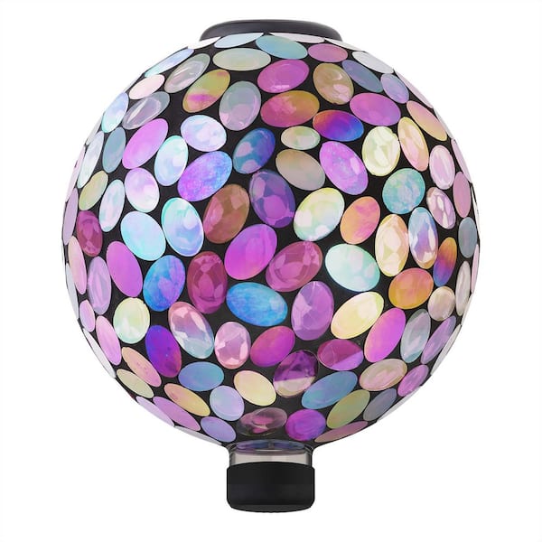 17 in. Tall Solar Powered Pink Glass Mosaic Gazing Ball with LED Lights