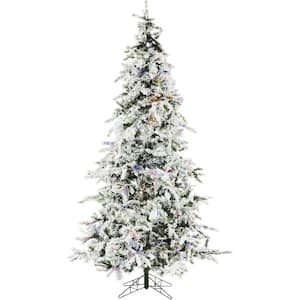 7.5 ft. White Pine Snowy Artificial Christmas Tree w/ Multi-Color LED String Lighting, High Quality PVC, Flame Retardant