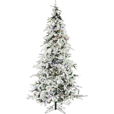 7.5 ft. White Pine Snowy Artificial Christmas Tree with Multi-Color LED String Lighting and Holiday Soundtrack