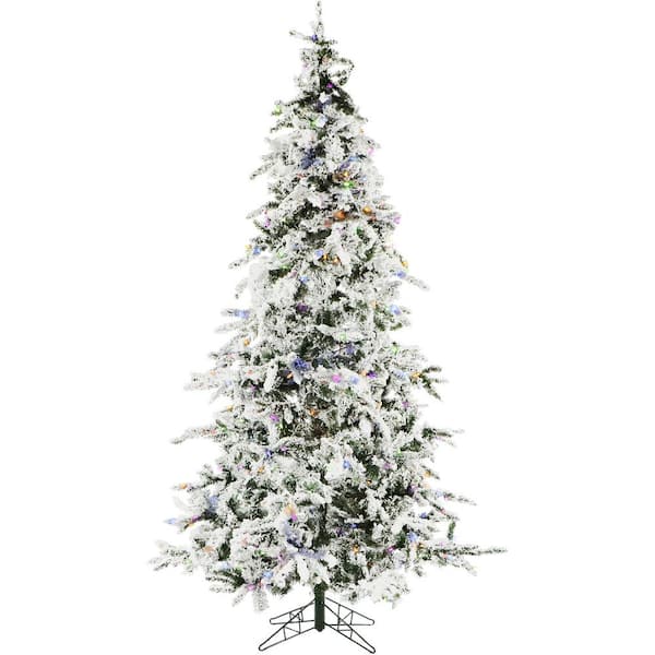 Christmas Time 7.5 ft. White Pine Snowy Artificial Christmas Tree w/ Multi-Color LED String Lighting, High Quality PVC, Flame Retardant