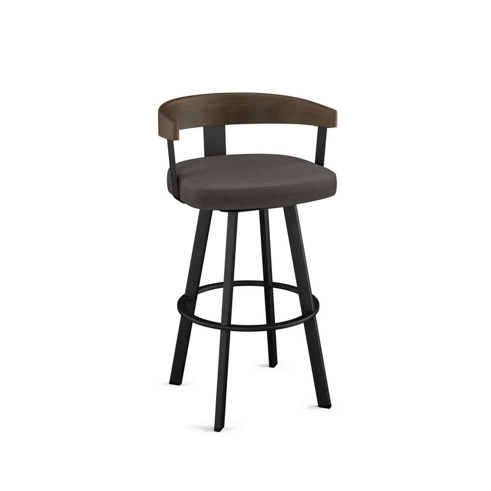 Lars 30" Gray Upholstered Swivel Barstool with Wood Back