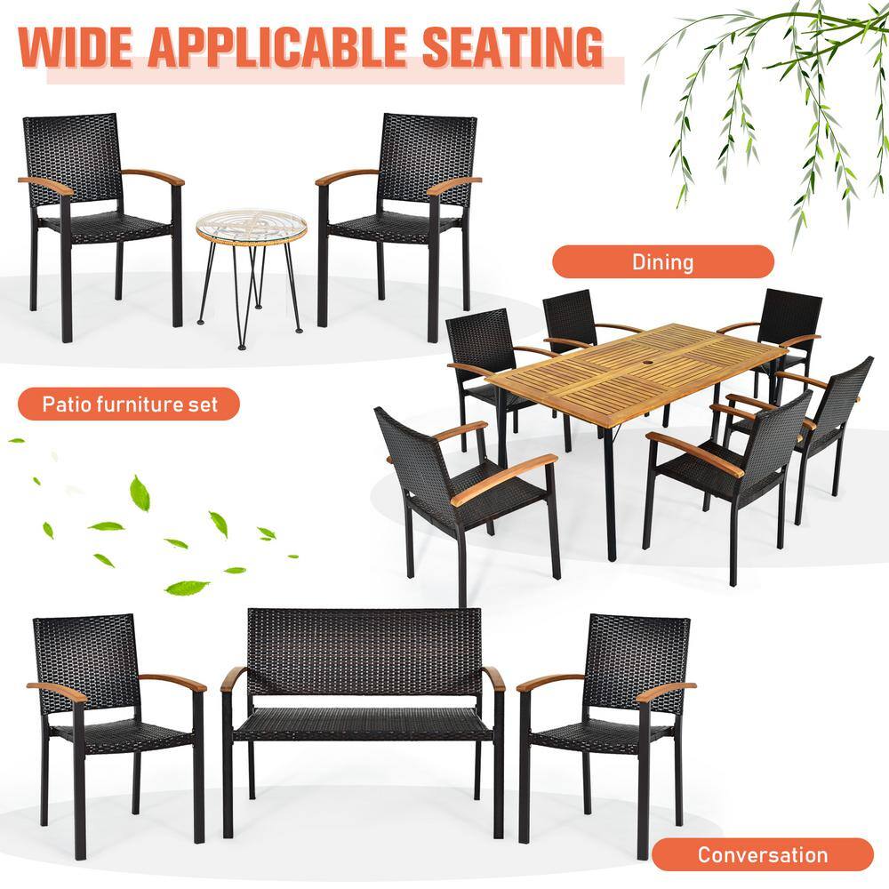 Rustic Wicker Dining Armchair with Cushions and Acacia Wood Armrests