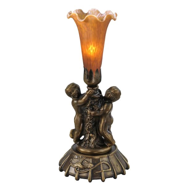MEYDA Pond Lily 12 in. Mahogany Bronze Novelty Victorian Twin Cherub Table Lamp with Amber Glass Shade