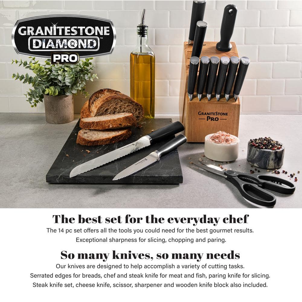 GraniteStone Pro 15-Piece Stainless Steel Knife Set with Wooden Block