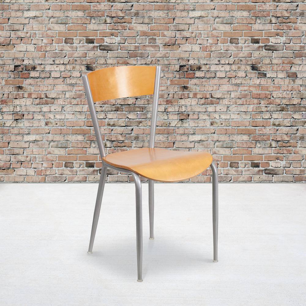 Chic Silver Steel Side Chair with Natural Wood Seat and Back