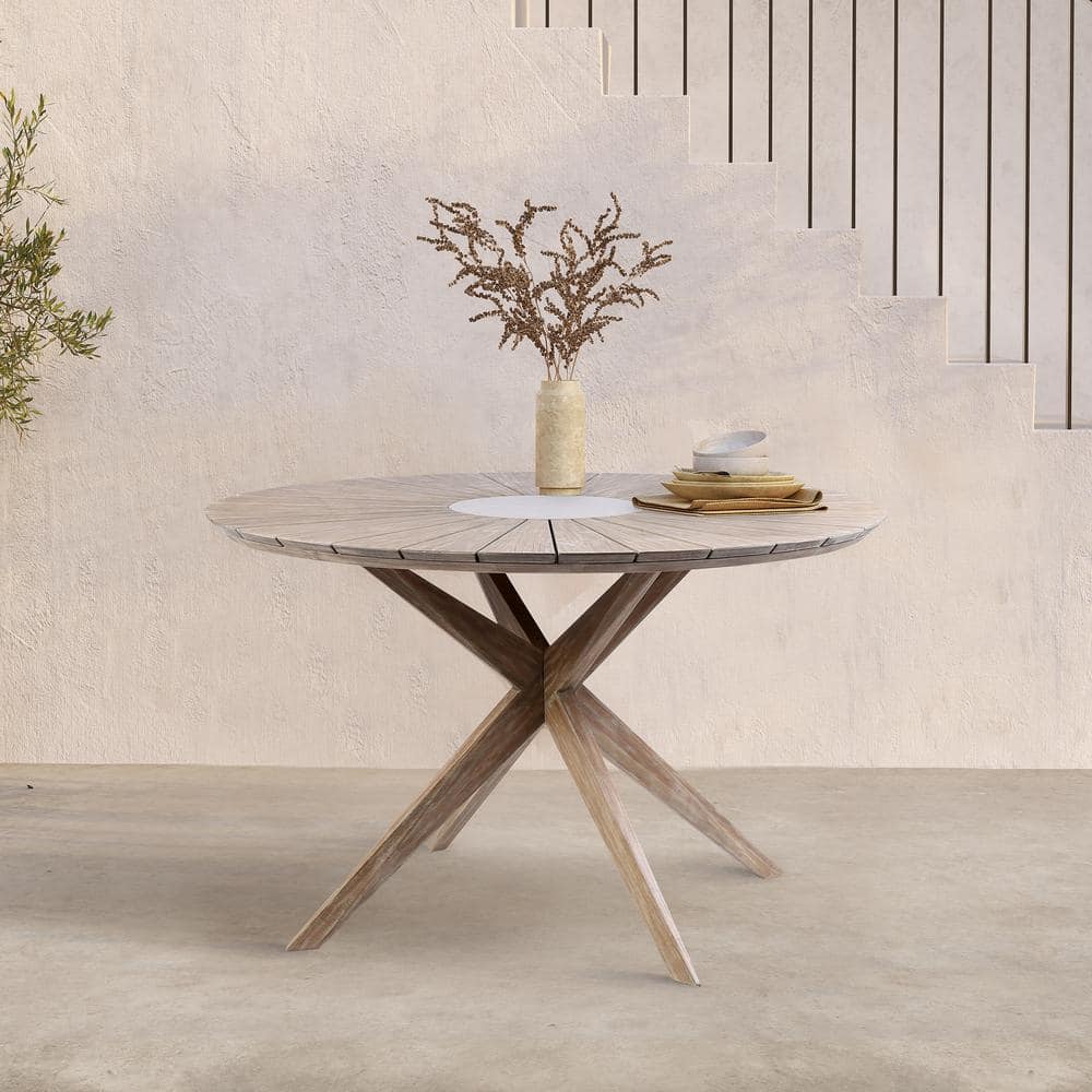 Light Brown Eucalyptus Wood and Concrete Round Dining Table