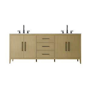 84 in. Double Sink Honey Brown Bath Vanity with White Engineered Marble Top