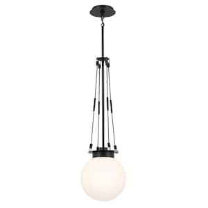 Albers 10.5 in. 1-Light Black Modern Kitchen Island Pendant Hanging Light with Opal Glass