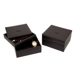 Brown Leather Stacked Valet for 6-Watches and 20-Cufflinks with Lid