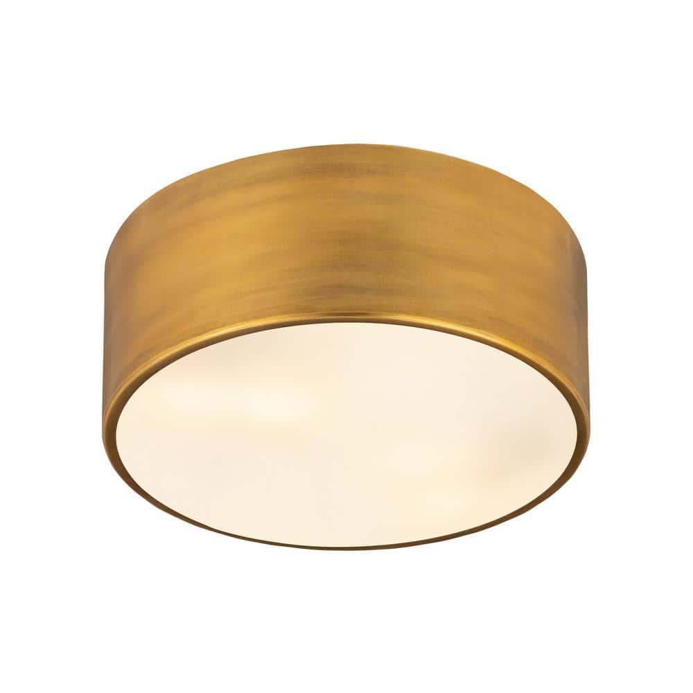 12" Rubbed Brass and Glass Drum LED Flush Mount Light