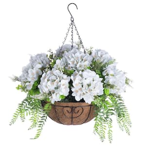 20 in.H Artificial Hanging Flowers in 12" Metal Coconut Lining Basket, Spring Summer Decoration Flowers, Light Green