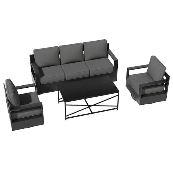 4-Piece Black Metal Outdoor Patio Furniture Set Swivel Chairs with Gray Cushions