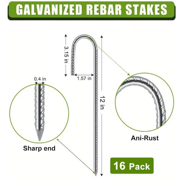 0.4 in. x 12 in. Rebar Stakes J Hook Extra Heavy-Duty, Garden Stake Steel Stakes Tent Stakes (16-Pack)