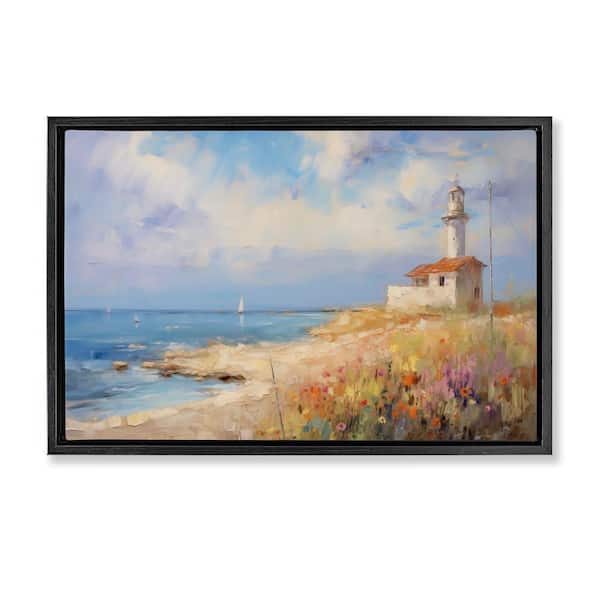 Stupell Industries Vintage Lighthouse View by LSR Design Studio Black Floater Frame Nature Graphic Art Print 17 in. x 25 in.