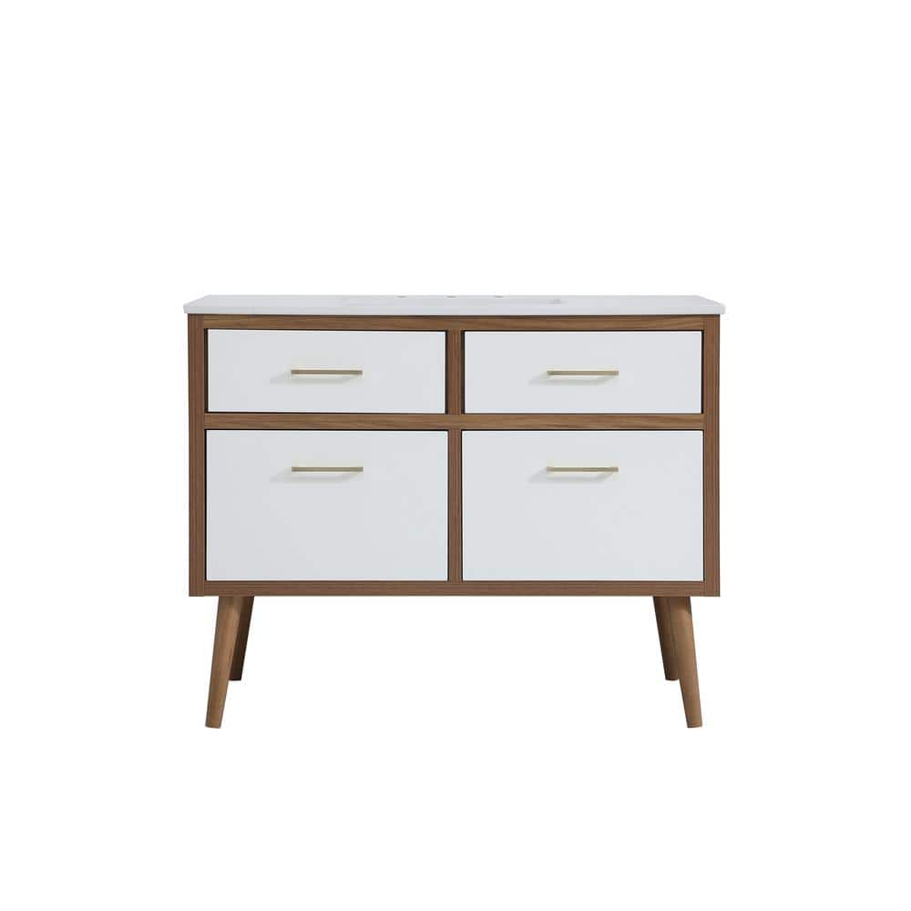 42" White MDF Bathroom Vanity with Gold Hardware and Engineered Marble Countertop