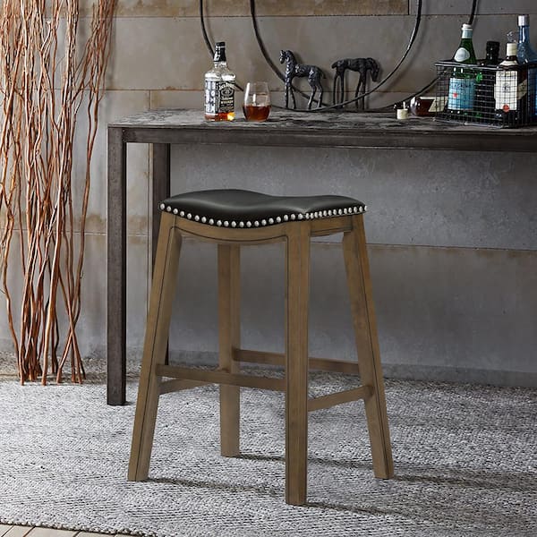 Pecos 30 in. Brown Wood Pub Height Stool with Black Faux Leather Seat