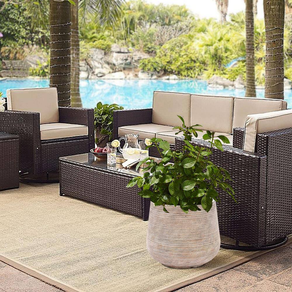 Distressed Tan and White Ribbed Round Planter