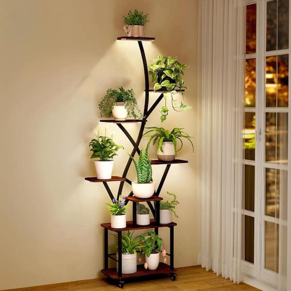 64 in. H Walnut MDF Indoor Plant Stand with 4 Grow Lights 8-Tiered Tall Plant Shelf with Wheel 10-Level Stepless Dimming