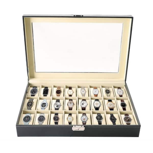 Unbranded 24 Slot Watch Box-Portable Travel Watch Case & Jewelry Display Drawer, Black, 16.8 in. x 11.3 in. x 3.1 in.