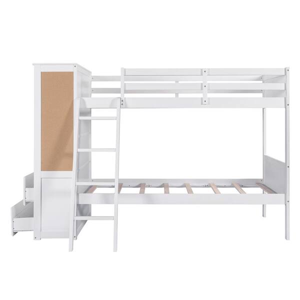 wetiny White Wood Twin Bunk Bed with Bookcase and Ladder, Multi-Functional Combination of Bunk Bed