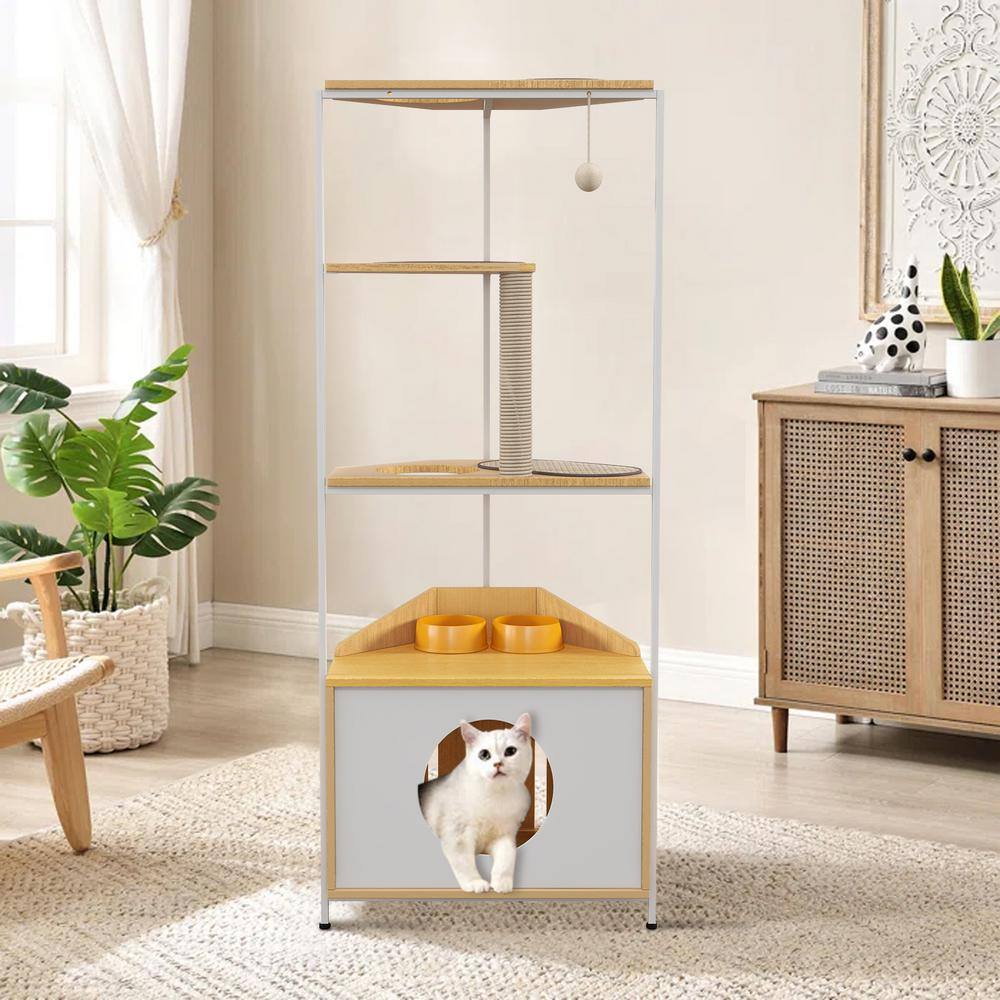 Corner Cat Tower with Scratching Post and Feeding Station