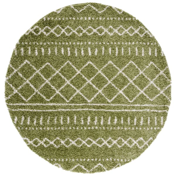Arizona Shag Green/Ivory 3 ft. x 3 ft. Geometric Lodge Round Area Rug